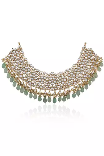 White Jadtar Necklace Set With Jade Green Drops And Chandbali Earrings