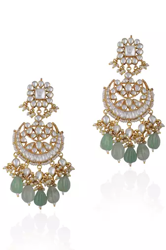 White Jadtar Necklace Set With Jade Green Drops And Chandbali Earrings