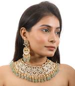 White Jadtar Necklace Set With Jade Green Drops And Chandbali Earrings