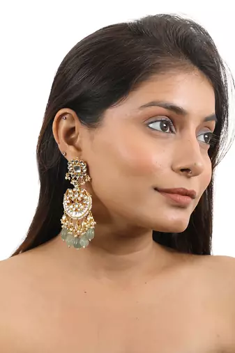 White Jadtar Necklace Set With Jade Green Drops And Chandbali Earrings