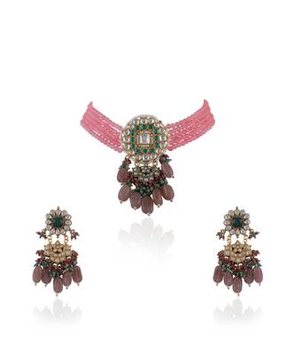 Pink Choker Set With Multi Colour Beads 2