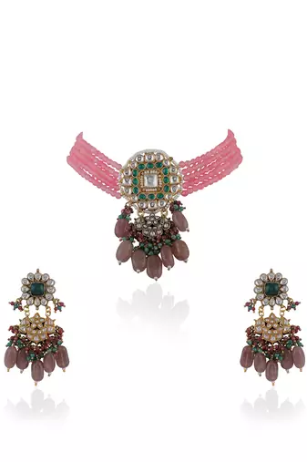Pink Choker Set With Multi Colour Beads