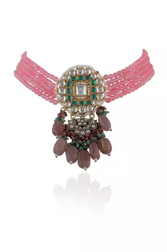 Pink Choker Set With Multi Colour Beads
