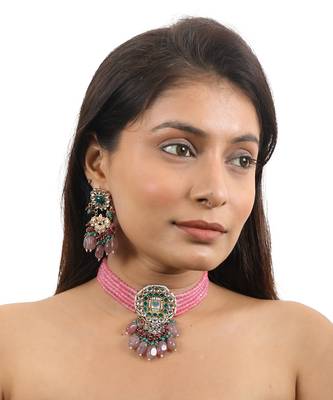Pink Choker Set With Multi Colour Beads 1