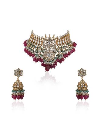 Choker Necklace Set With Jhumkis In Fresh Pink And Emerald Green 2
