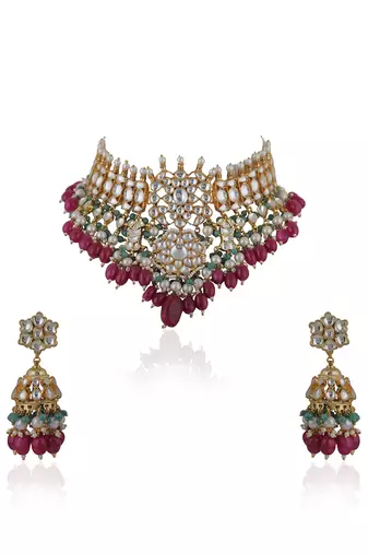 Choker Necklace Set With Jhumkis In Fresh Pink And Emerald Green