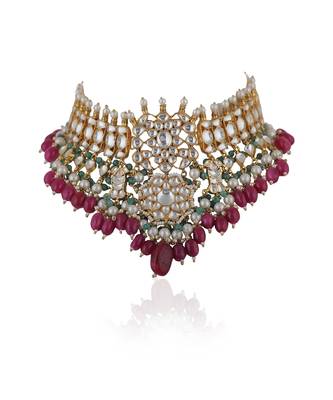Choker Necklace Set With Jhumkis In Fresh Pink And Emerald Green 3