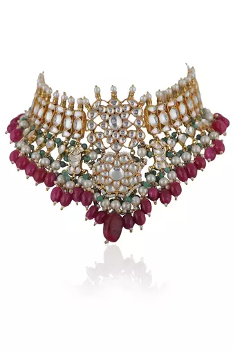 Choker Necklace Set With Jhumkis In Fresh Pink And Emerald Green
