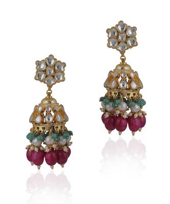 Choker Necklace Set With Jhumkis In Fresh Pink And Emerald Green 4