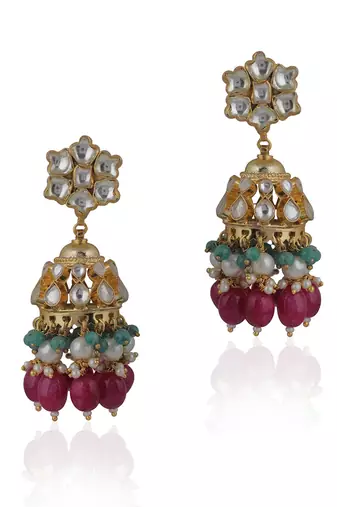 Choker Necklace Set With Jhumkis In Fresh Pink And Emerald Green