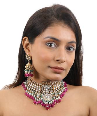 Choker Necklace Set With Jhumkis In Fresh Pink And Emerald Green 1