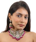 Choker Necklace Set With Jhumkis In Fresh Pink And Emerald Green
