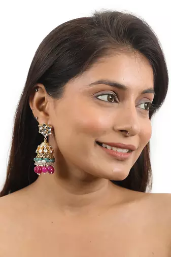 Choker Necklace Set With Jhumkis In Fresh Pink And Emerald Green