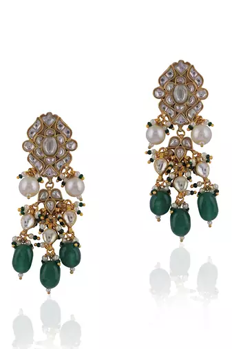 Delicately Designed Earings With Emerald Green And Pearl Drops