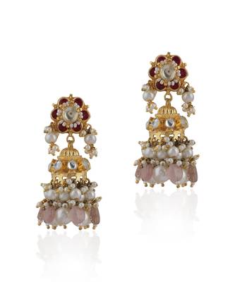 Pink With White Pearl Jadtar Stone Jhumki Earrings 2