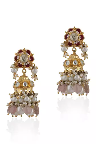 Pink With White Pearl Jadtar Stone Jhumki Earrings