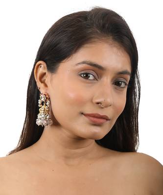 Pink With White Pearl Jadtar Stone Jhumki Earrings 1