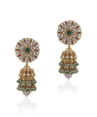 Pink And Green Floral Jadtar Stone Jhumki 2