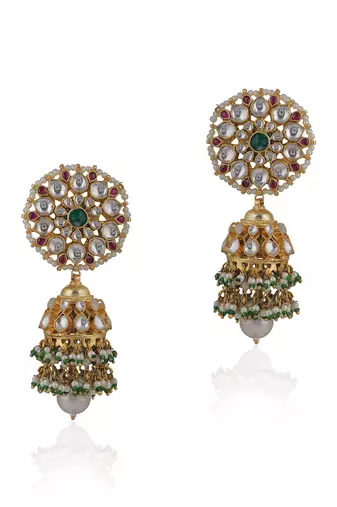 Pink And Green Floral Jadtar Stone Jhumki