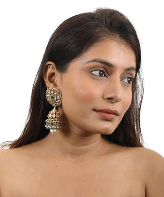 Pink And Green Floral Jadtar Stone Jhumki 1