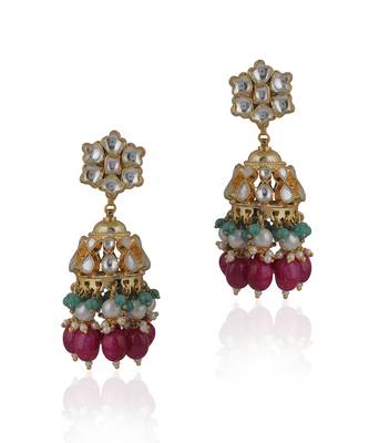 Multicoloured Jhumki Earings With White Jadtar Stones 2