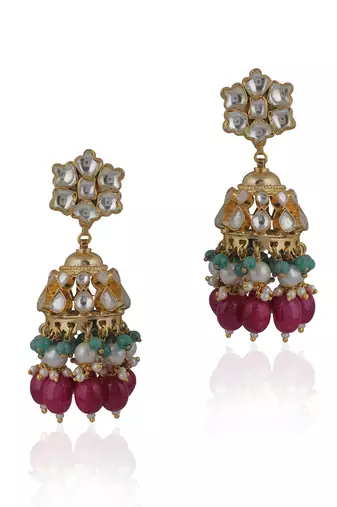 Multicoloured Jhumki Earings With White Jadtar Stones