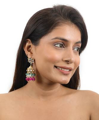 Multicoloured Jhumki Earings With White Jadtar Stones 1