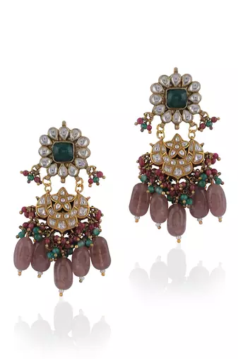 Uniquely Designed Earings In Pink And Green Beads