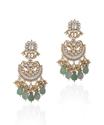 Chandbaali Earrings With White Jadtar Stones And Mint Green Drops 2