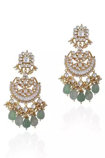Chandbaali Earrings With White Jadtar Stones And Mint Green Drops