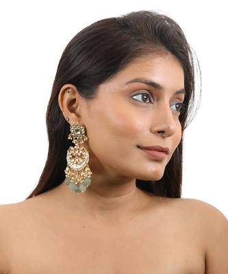 Chandbaali Earrings With White Jadtar Stones And Mint Green Drops 1