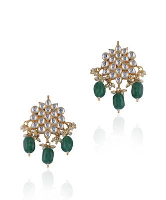 Green Beads Floral White Jadtar Small Earrings 2