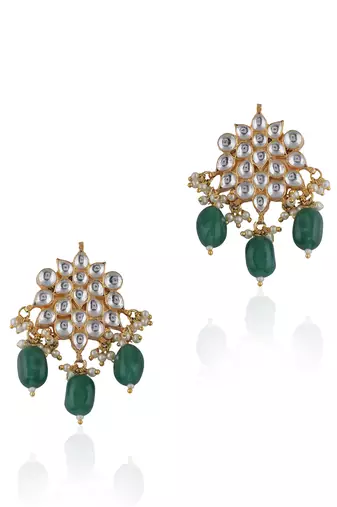 Green Beads Floral White Jadtar Small Earrings
