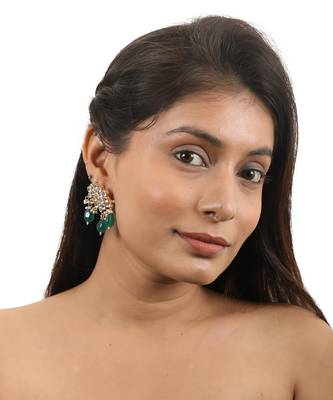 Green Beads Floral White Jadtar Small Earrings 1
