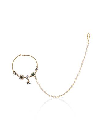 gold-toned nath with green floral kundan & pearl chain 2