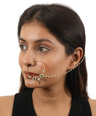 gold-toned nath with green floral kundan & pearl chain 1