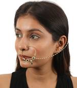 Exquisite Gold-Toned Nath with Green Floral & Pearl Chain | Traditional Bridal Jewelry