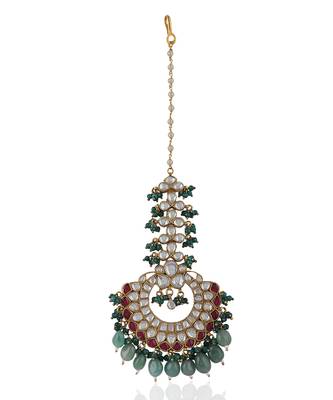 Pink Stone Sea Green Beads Flower Work White Jadtar Stone Tikka 2