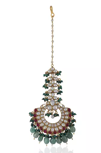 Pink Stone Sea Green Beads Flower Work White Jadtar Stone Tikka