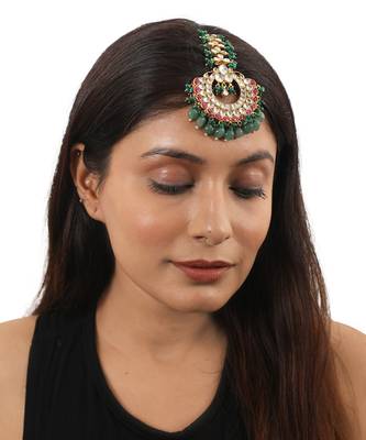 Pink Stone Sea Green Beads Flower Work White Jadtar Stone Tikka 1