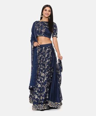 Blue Chanderi Embroidered Lehenga Set 1