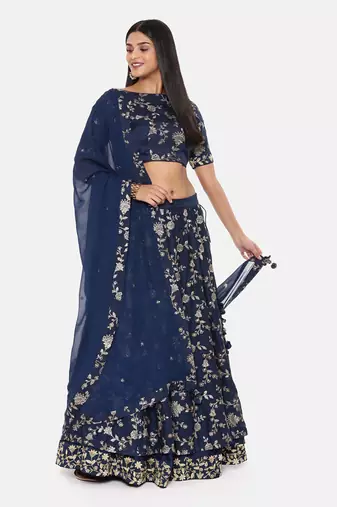 Blue Chanderi Embroidered Lehenga Set