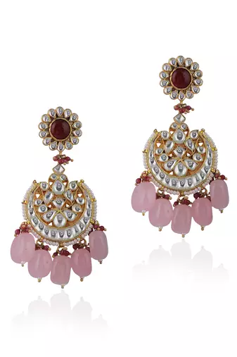 Light Pink Beads White Chandshape Earrings
