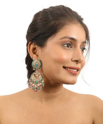 Firozi Earrings With Pastel Pink Beads 1