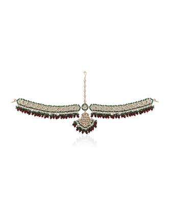 Jadtar Mathapatti With Green Border Beads And Ruby Drop Hangings 2