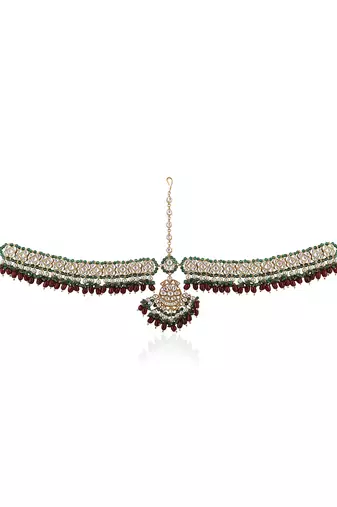 Jadtar Mathapatti With Green Border Beads And Ruby Drop Hangings