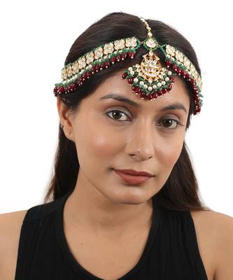 Jadtar Mathapatti With Green Border Beads And Ruby Drop Hangings 1