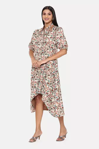 Brown Printed Muslin Dress