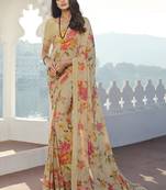 Designer Floral Print Cream Georgette Saree For Fancy Girlish Looks