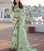 Designer Floral Print Pista Georgette Saree For Fancy Girlish Looks